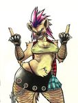  2017 anthro arm_tuft bctitan bellamy belly_tuft brown_fur chain clothing ear_piercing elbow_tufts facial_piercing female flannel fur gloves hair hax hi_res hyena invalid_tag legwear lip_piercing mammal middle_finger multicolored_fur nipple_piercing nipples piercing pink_hair punky punky_hair red_eyes shirt shoulder_tuft skirt slightly_chubby smile stockings tanga thick_thighs top tuft tuftgrin two_tonw_fur wide_hips yellow_fur 