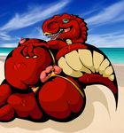  anus beach big_breasts big_butt big_thighs blue_eyes breasts butt clothing crimson_the_trex crimsonrex dinosaur female lipstick looking_at_viewer makeup nipples presenting puffy_anus reptile scalie seaside solo theropod thong trex tyrannosaurus_rex 