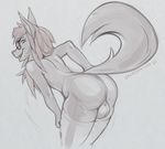  2017 anthro backsack balls bent_over biped butt canine clothing digital_media_(artwork) drawpanther eyebrows eyewear girly glasses grey_background greyscale hair legwear long_hair looking_at_viewer looking_back male mammal monochrome mostly_nude open_mouth presenting presenting_hindquarters rear_view signature simple_background smile snout solo stockings thick_thighs thigh_highs 