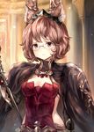  animal_ears bad_id bad_pixiv_id blush breasts brown_hair cleavage cloak commentary_request constance_(granblue_fantasy) crying crying_with_eyes_open erune glasses granblue_fantasy highres looking_at_viewer medium_breasts red_eyes rimless_eyewear short_hair solo staff sukemyon tears tiara upper_body 