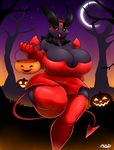  2016 5_fingers anthro armwear averyshadydolphin bare_shoulders big_breasts big_thighs black_hair black_sclera breasts butt cleavage clothed clothing costume dragon dress elbow_gloves eyebrows eyelashes fangs female gloves hair halloween hi_res holidays jou looking_at_viewer moon open_mouth outside red_eyes slit_pupils solo teeth thick_thighs tongue voluptuous wide_hips yaojou 