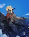  abs anthro athletic bikini blonde_hair blue_eyes breasts city clothed clothing cloud destruction detailed_background ear_piercing female fish hair kerneldecoy looking_down macro marine nipples partially_clothed piercing shark shiny_skin sitting size_difference sky solo sushi_(zimatehwulf) swimsuit tattoo topless water 