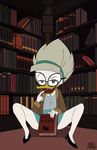  anthro avian beak bedroom_eyes bird book clothing duck ducktales_(2017) emily_quackfaster english_text eyewear female footwear glasses grey_hair hair half-closed_eyes high_heels knullmannen_(artist) looking_at_viewer open_mouth seductive shoes signature solo text 