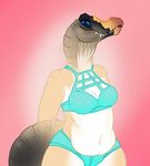  2017 anthro belly biped black_scales black_tail blue_bottomwear blue_clothing blue_eyes blue_sclera blue_topwear boy_shorts bra breasts brown_scales cleavage clothed clothing digital_drawing_(artwork) digital_media_(artwork) dinosaur female front_view gradient_background grey_scales grey_tail half-length_portrait hands_behind_back hi_res long_neck looking_at_viewer maris_(glittersaurus) medium_breasts midriff multicolored_scales multicolored_tail navel navel_rim non-mammal_breasts orange_scales pink_background portrait scales scalie sharp_teeth simple_background skimpy slightly_chubby smile solo spinosaurus standing tan_scales tan_tail teeth theropod thick_tail underwear white_background white_skin 