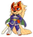  anthro arcanine armor black_nose blue_eyes canine clothed clothing collar cosplay dog fan_character fur genesis_(pokesona) heterochromia male mammal melee_weapon nintendo pok&eacute;mon puffdraws puyo_puyo red_eyes red_fur schezo_wegey solo sword video_games weapon yellow_fur 