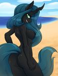  2017 absurd_res ambris anthro anthrofied areola beach black_body blue_hair breasts butt changeling cloud dock eyelashes female friendship_is_magic green_eyes hair hi_res horn long_hair looking_at_viewer looking_back my_little_pony nipples outside queen_chrysalis_(mlp) seaside sky smile solo 