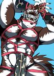  2017 areola armor bearlovestiger13 blush bound brown_fur bulge canine clothing fur gauntlets gloves headband horkeukamui invalid_tag loincloth looking_at_viewer male mammal muscular muscular_male rope tokyo_afterschool_summoners white_fur wolf yellow_eyes 