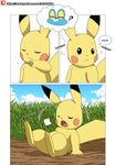  amphibian breathing comic eyes_closed froakie frog grass hi_res mammal mouse nintendo outside patreon pikachu pok&eacute;mon rodent sitting video_games winick-lim 