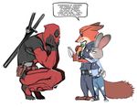  badge belt clothing crossover deadpool dialogue disney eye_contact eyewear fur gaekkun grey_fur human judy_hopps mammal marvel mask melee_weapon multicolored_fur multicolored_tail nick_wilde notepad paper pen police_uniform red_fur sunglasses sword uniform weapon white_fur yellow_fur zootopia 