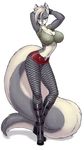  anthro big_breasts big_tail blue_eyes boots breasts clothing esmeralda female fishnet footwear fur gloves grey_fur hair huge_breasts lips luigiix mammal panties piercing shirt short_hair skirt skunk solo striped_tail stripes tank_top underwear white_fur white_hair 