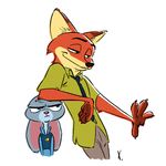  annoyed badge canine clothing disney fox green_eyes humor judy_hopps lagomorph looking_at_hand mammal necktie nick_wilde police_uniform purple_eyes rabbit shirt silly size_difference smile smirk uniform xav-drawordie zootopia 