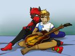  arrwulf bad_music bed black_fur clothing fur green_eyes green_pawpads guitar hyena instrument mammal music musical_instrument mustelid otter pawpads red_fur sitting 