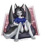  2017 5_fingers aisty_(mancoin) anthro biped black_fur black_nose blue_eyes breasts canine clothed clothing controler cute digital_drawing_(artwork) digital_media_(artwork) dog eyewear female foxyverse front_view fur glasses hair hi_res humanoid humanoid_hands husky mammal mancoin panties short_hair simple_background small_breasts solo underwear video_games white_fur wings 