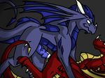  anthro blue_eyes blue_grey_scales blue_scales breasts cel_shading cum dragon fin fur horn lovecatsanddragons membranous_wings penis rawrdragons red_scale scales simple_background spikes spread_legs spreading vein wings yellow_scales 