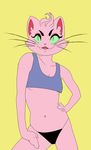  anthro blep bojack_horseman bra cat clothing cute_fangs feline fur green_eyes hand_on_hip looking_at_viewer mammal panties pink_fur princess_carolyn simple_background sports_bra standing tongue tongue_out underwear unknown_artist whiskers yellow_background 