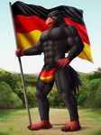  abs anthro avian biceps bird black_feathers bulge clothed clothing dream_and_nightmare eagle feathers flag german germany male muscular nipples pecs thong topless underwear yellow_eyes 