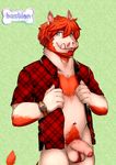  5_fingers anthro balls bastion bear blue_eyes boar body_hair bottomless clothed clothing facial_hair foreskin fur hair half-erect happy_trail male mammal open_shirt orange_fur orange_hair penis porcine pubes simple_background solo standing tusks uncut white_fur 