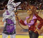  abs anthro basketball big_breasts breasts brown_eyes brown_fur brown_hair buck_hopper bulge canine clothing court dog fur hair headband imminent_sex jacket lagomorph lapinbeau male mammal melissa_nipsy microphone muscular muscular_male rabbit reporter tag towel uniform white_fur 