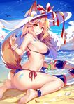  absurdres animal_ears anklet arched_back ass bad_leg bangs beach bikini blue_bikini blue_sky blush bow breasts brown_eyes closed_mouth cloud cloudy_sky commentary_request day eyebrows_visible_through_hair fate/grand_order fate_(series) food fox_ears fox_tail hair_between_eyes hat hat_bow hecha_(swy1996228) highres innertube jewelry large_breasts long_hair looking_at_viewer melting ocean outdoors pink_hair seashell shell shiny shiny_skin side-tie_bikini sideboob sitting sky smile soles solo sun_hat swimsuit tail tamamo_(fate)_(all) tamamo_no_mae_(swimsuit_lancer)_(fate) tareme thighs tongue tongue_out wariza wavy_hair white_hat 