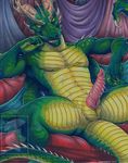  2017 animal_genitalia anthro athletic barbed_penis claws dragon erection front_view genital_slit green_scales half-closed_eyes horn looking_at_viewer male membranous_wings multicolored_scales orange_eyes pecs penis pillow reclining ridged_penis scales scalie sharp_teeth slit slit_pupils smile smirk solo spartadog spines spread_legs spreading suggestive teeth two_tone_scales wings yellow_eyes yellow_scales 