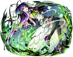  :d breasts cleavage divine_gate dress fingernails floating_hair green_eyes hair_ornament high_heels highres long_dress long_hair medium_breasts nail_polish open_mouth purple_footwear purple_hair purple_nails sharp_fingernails side_ponytail simple_background smile solo thighhighs ucmm very_long_hair white_background 