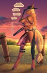  2017 animal_genitalia animal_penis anthro anthrofied applejack_(mlp) bakuhaku balls bandolier blonde_hair blood breasts butt cloud cowboy_hat dialogue dickgirl earth_pony english_text equine equine_penis friendship_is_magic grass green_eyes gun hair hat hi_res holding_object holding_weapon horse intersex long_hair looking_at_viewer mammal medial_ring muscular muscular_dickgirl muscular_intersex my_little_pony outside penis pony ranged_weapon sawed-off_shotgun shotgun sky smoke solo sunset text weapon 