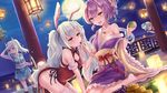 afloat_lantern animal_ears ayanami_(azur_lane) azur_lane blush breasts brown_eyes bunny_ears bunny_tail china_dress chinese_clothes cleavage dress feeding full_moon hair_ornament highres japanese_clothes javelin_(azur_lane) kimono laffey_(azur_lane) lantern long_hair mask mask_on_head md5_mismatch medium_breasts mid-autumn_festival moon mooncake multiple_girls off_shoulder open_mouth pillar purple_hair silver_hair small_breasts smile tail teapot twintails yellow_eyes yuemanhuaikong z23_(azur_lane) 
