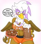  2017 alcohol anthro avian beer beverage big_breasts blackbewhite2k7 blush breasts cleavage clothed clothing dialogue feathered_wings feathers female food friendship_is_magic gilda_(mlp) gryphon hi_res holding_object hooters looking_at_viewer midriff my_little_pony nipples shorts simple_background skimpy solo tail_tuft tight_clothing tuft under_boob wings yellow_eyes 
