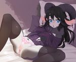  animal_ears bed between_breasts black_hair black_legwear blue_eyes blush bow bow_panties breasts cameltoe coffeechicken commentary cross cross_earrings earrings fang frilled_panties frills fur hand_between_breasts horns jewelry large_breasts long_hair lying no_pants nose_blush on_back on_bed original panties pillow pink_panties pussy sheep_ears sheep_girl sheep_horns sleeves_past_wrists slit_pupils solo spread_legs triangle_mouth underwear 