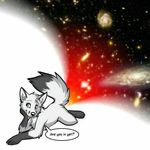  ambiguous_gender ambiguous_penetration anthro blue_eyes canine dialogue dipstick_tail english_text fox fur galaxy humor mammal markings multicolored_tail penetration raised_tail smile socks_(marking) source_request star text universe unknown_artist white_fur 