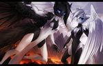  anthro black_bars black_feathers blue_eyes breasts clothed clothing detailed_background digital_media_(artwork) duo feathered_wings feathers feline female hair hybrid juliathedragoncat mammal white_feathers white_hair wings 