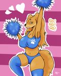  ! &lt;3 2017 absolute_territory anthro belly big_breasts big_thighs biped black_nose blue_bottomwear blue_clothing blue_legwear blue_topwear breasts brown_fur brown_hair brown_tail canine cheering cheerleader cleavage clothed clothing crop_top dialogue digital_drawing_(artwork) digital_media_(artwork) dog dogmom english_text eyelashes female floppy_ears fluffy fluffy_tail front_view fur hair half-closed_eyes holding_object legwear long_hair long_tail looking_at_viewer mammal midriff navel on_one_leg open_mouth outline pattern_background pawprint pink_background pom_poms portrait pose raised_arm raised_leg saluki shirt shorts simple_background slightly_chubby solo sonikku001 standing striped_background text thigh_highs three-quarter_portrait tight_clothing yellow_eyes 