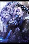  5_fingers anthro black_hair blue_eyes detailed_background digital_media_(artwork) duo feline feral fur hair juliathedragoncat leopard mammal spots spotted_fur white_hair 