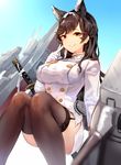  :&gt; animal_ears atago_(azur_lane) azur_lane bangs black_legwear blue_sky closed_mouth day double-breasted extra_ears eyebrows_visible_through_hair garter_straps gloves hand_up highres index_finger_raised knees_together_feet_apart long_hair looking_at_viewer military military_uniform miniskirt mole mole_under_eye outdoors pencil_skirt rigging sidelocks skirt sky smile solo sukemyon swept_bangs thighhighs thighs uniform wavy_hair white_gloves 