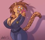  2017 anthro benjamin_clawhauser between_breasts big_breasts breasts brown_hair cheek_tuft cheetah cleavage clothed clothing crossgender disney doughnut feline female food fur hair holding_object mammal open_mouth open_smile police_uniform simple_background smile solo spots spotted_fur tuft uniform vinfox zootopia 