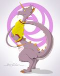  2017 3_toes alternate_form bottomless claws clothed clothing crossed_arms digital_drawing_(artwork) digital_media_(artwork) disney disney_parks dragon epcot figment forked_tongue gradient_background horn journey_into_imagination logo long_tail looking_aside looking_at_viewer orange_claws purple_scales scales sherwood side_view signature simple_background solo standing toe_claws toes tongue tongue_out turtleneck vignette walt_disney_world 