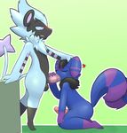  anthro balls big_penis black_fur blue_fur blush bottomless clothed clothing duo erection eyes_closed feline fellatio fur gradient_background hair luxray male male/male mammal meowstic multi_tail neko3240 nintendo nude oral penetration penis pok&eacute;mon sex simple_background smile video_games 