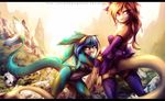  anthro black_bars blue_hair brown_hair detailed_background digital_media_(artwork) duo eyelashes fin fin_piercing furgonomics furry-specific_piercing hair hybrid juliathedragoncat kneelin kneeling piercing purple_eyes smile standing 