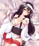  2015 absurdres bare_shoulders bed_sheet black_hair blush breasts cleavage collarbone dated fusou_(kantai_collection) hand_on_own_chest headband highres japanese_clothes jewelry kantai_collection large_breasts long_hair looking_at_viewer lying miko on_back on_bed open_clothes pleated_skirt red_eyes red_skirt remodel_(kantai_collection) ring saitu_miki skirt smile solo thigh_strap tied_hair wedding_band white_headband wide_sleeves 