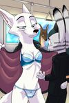  2017 akiric anthro arctic_fox black_panther bra breasts canine cervine cheek_tuft cleavage clothed clothing deer dipstick_ears disney duo_focus exhibitionism feline female flashing fox group half-closed_eyes inner_ear_fluff jack_savage lagomorph male mammal neck_tuft open_jacket panther panties rabbit skye_(zootopia) smile standing suit train tuft underwear vehicle zootopia 