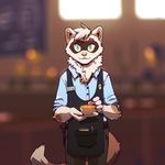  anthro apron barista beverage blue_eyes cafe cercat clothed clothing coffee cute ferret fur hi_res mammal mustelid simple_background solo 