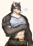  2017 anthro canine clothed clothing fur hat male mammal moodraw muscular muscular_male solo wolf 