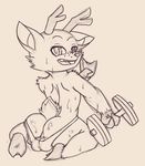  2017 animal_crossing anthro antlers balls bam_(animal_crossing) butt cervine clothing deer exercise hi_res hooves horn mammal nintendo salaciouslx simple_background sweat thong video_games weightlifting weights workout 