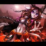  5_fingers anthro black_bars breasts brown_hair cat chain clothed clothing digital_media_(artwork) eyelashes feline hair juliathedragoncat mammal midriff navel purple_eyes smile wide_hips 