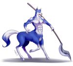  2015 5_fingers abs canine celious_(monster_rancher) centaur_(monster_rancher) frown full-length_portrait holding_object holding_weapon hooves humanoid_hands male mammal melee_weapon monster monster_rancher nude open_mouth polearm portrait shadow signature simple_background snout solo spear taur teeth video_games weapon whitephox yellow_sclera 