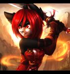  anthro black_bars black_nose breasts clothed clothing detailed_background digital_media_(artwork) feline hair holding_object holding_weapon juliathedragoncat mammal melee_weapon red_eyes red_hair sword weapon 