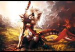  anthro armor black_bars day detailed_background digital_media_(artwork) fire grass grey_eyes hair holding_object holding_weapon hybrid juliathedragoncat kneeling melee_weapon outside solo sword weapon white_hair 