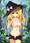  black_hat black_shorts blonde_hair bow bra breasts broom chiroru_(cheese-roll) cleavage commentary cowboy_shot day hair_between_eyes hat hat_bow highres holding holding_broom kirisame_marisa long_hair looking_at_viewer medium_breasts mushroom navel no_shirt open_fly outdoors panties short_shorts shorts solo stomach touhou underwear white_bow white_bra white_panties witch_hat yellow_eyes 