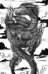  2017 black_and_white cloud dragon eastern_dragon feral flying horn monochrome outside ratte scan smile solo traditional_media_(artwork) 