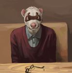  2013 anthro biped blue_clothing blue_topwear brown_clothing brown_eyes brown_markings brown_theme brown_topwear chair cheek_tuft clothing digital_media_(artwork) digital_painting_(artwork) dress_shirt eye_markings eyewear ferret front_view fur glasses half-length_portrait head_tuft looking_at_viewer male mammal markings mask_(marking) mustelid pink_nose portrait rampack shirt sitting smile solo sweater table tuft white_fur 